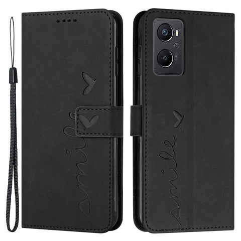 For Oppo A96 5G/Reno7 Z 5G/OnePlus Nord N20 5G Shockproof Heart Shape Imprinted Phone Case PU Leather Skin-touch Feeling Wallet Stand Feature Shell with Strap