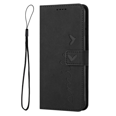 For Oppo A96 5G/Reno7 Z 5G/OnePlus Nord N20 5G Shockproof Heart Shape Imprinted Phone Case PU Leather Skin-touch Feeling Wallet Stand Feature Shell with Strap