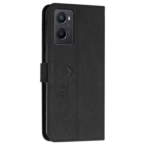 For Oppo A96 5G/Reno7 Z 5G/OnePlus Nord N20 5G Shockproof Heart Shape Imprinted Phone Case PU Leather Skin-touch Feeling Wallet Stand Feature Shell with Strap