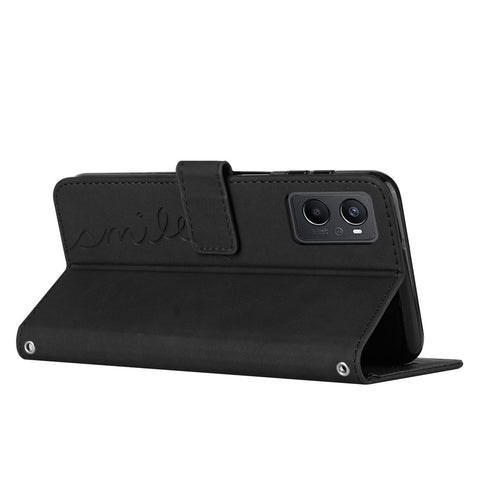 For Oppo A96 5G/Reno7 Z 5G/OnePlus Nord N20 5G Shockproof Heart Shape Imprinted Phone Case PU Leather Skin-touch Feeling Wallet Stand Feature Shell with Strap
