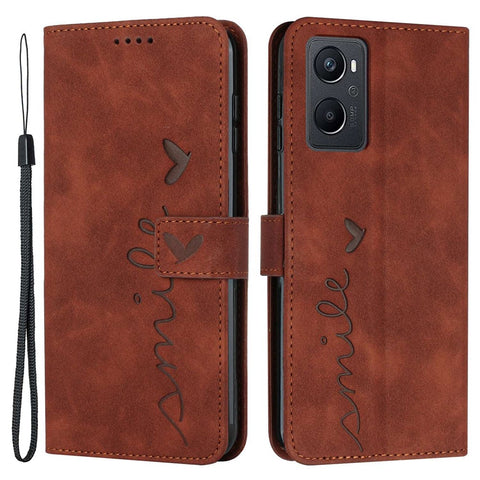For Oppo A96 5G/Reno7 Z 5G/OnePlus Nord N20 5G Shockproof Heart Shape Imprinted Phone Case PU Leather Skin-touch Feeling Wallet Stand Feature Shell with Strap