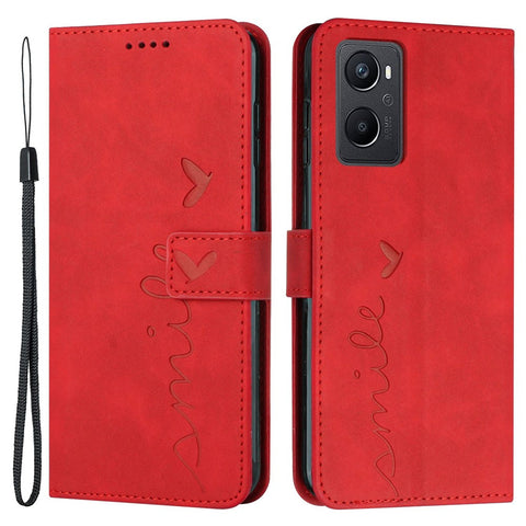 For Oppo A96 5G/Reno7 Z 5G/OnePlus Nord N20 5G Shockproof Heart Shape Imprinted Phone Case PU Leather Skin-touch Feeling Wallet Stand Feature Shell with Strap