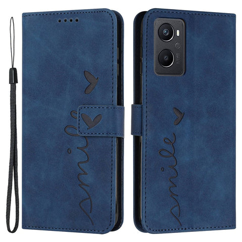 For Oppo A96 5G/Reno7 Z 5G/OnePlus Nord N20 5G Shockproof Heart Shape Imprinted Phone Case PU Leather Skin-touch Feeling Wallet Stand Feature Shell with Strap
