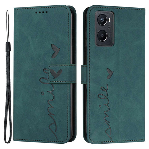 For Oppo A96 5G/Reno7 Z 5G/OnePlus Nord N20 5G Shockproof Heart Shape Imprinted Phone Case PU Leather Skin-touch Feeling Wallet Stand Feature Shell with Strap