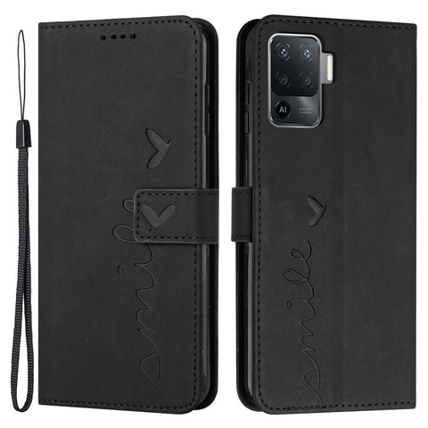 For Oppo A94 4G/5G/F19 Pro/F19 Pro+ 5G/A95 5G/Reno5 Z/Reno6 Z/Reno5 F/Reno5 Lite Heart Shape Imprinted Wallet Case Skin-touch Feeling Leather Stand Cover