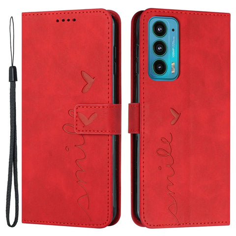 Skin-touch Feeling Phone Case for Motorola Edge 20, PU Leather Heart Shape Imprinted Stand Wallet Cover