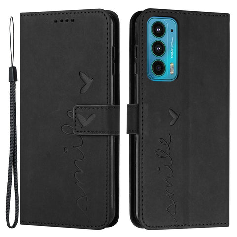Skin-touch Feeling Phone Case for Motorola Edge 20, PU Leather Heart Shape Imprinted Stand Wallet Cover