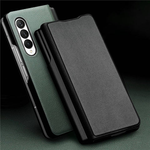 QIALINO For Samsung Galaxy Z Fold3 5G Nappa Texture Genuine Leather Anti-Drop Phone Case Folio Flip Protective Cover with Pen Holder