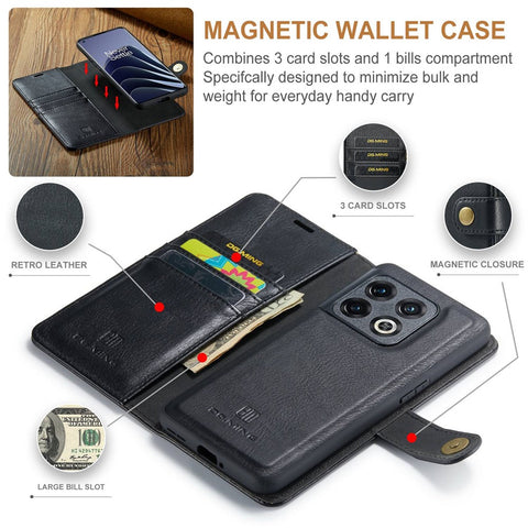 DG.MING Split Leather Phone Case for OnePlus 10 Pro 5G, Shockproof Detachable Cell Phone Cover with Wallet Stand