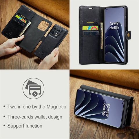 DG.MING Split Leather Phone Case for OnePlus 10 Pro 5G, Shockproof Detachable Cell Phone Cover with Wallet Stand