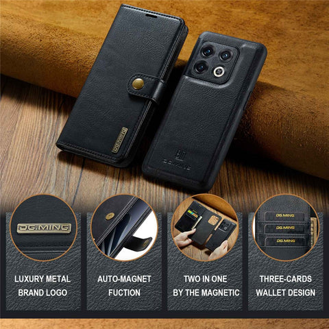 DG.MING Split Leather Phone Case for OnePlus 10 Pro 5G, Shockproof Detachable Cell Phone Cover with Wallet Stand