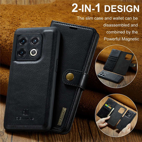 DG.MING Split Leather Phone Case for OnePlus 10 Pro 5G, Shockproof Detachable Cell Phone Cover with Wallet Stand