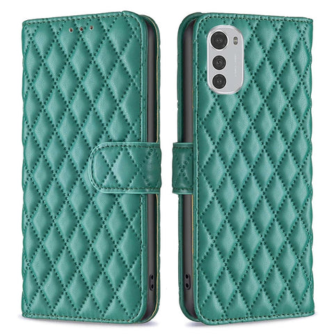 BINFEN COLOR For Motorola Moto E32 4G Matte PU Leather Wallet Case BF Style-14 Rhombus Pattern Imprinted Flip Stand Protective Cover