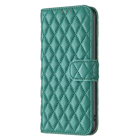 BINFEN COLOR For Motorola Moto E32 4G Matte PU Leather Wallet Case BF Style-14 Rhombus Pattern Imprinted Flip Stand Protective Cover