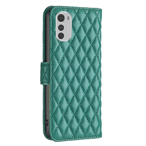 BINFEN COLOR For Motorola Moto E32 4G Matte PU Leather Wallet Case BF Style-14 Rhombus Pattern Imprinted Flip Stand Protective Cover