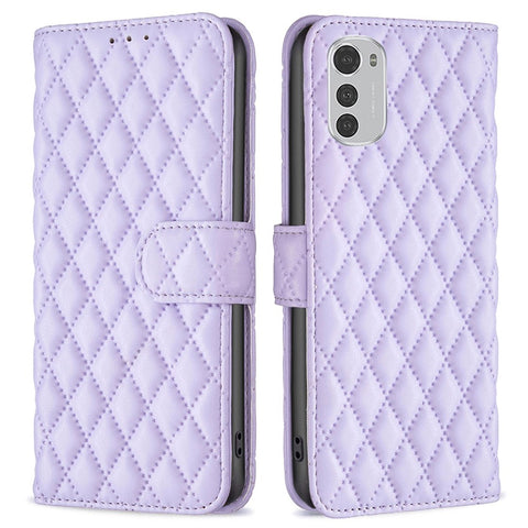 BINFEN COLOR For Motorola Moto E32 4G Matte PU Leather Wallet Case BF Style-14 Rhombus Pattern Imprinted Flip Stand Protective Cover