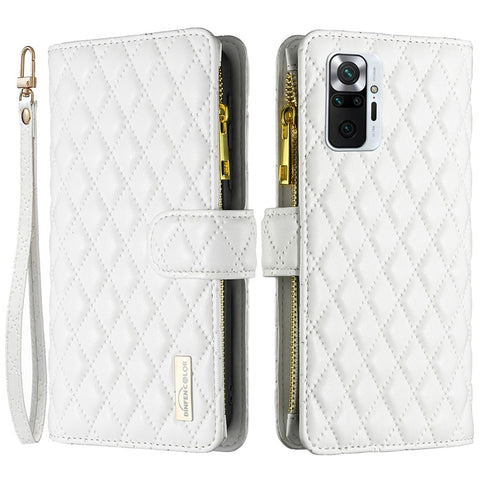 BINFEN COLOR for Xiaomi Redmi Note 10 Pro 4G (Global) / (India) / Note 10 Pro Max 4G BF Style-15 Smart Phone Imprinted Rhombus Pattern Case with Zipper Pocket Stand Matte PU Leather Wallet Cover