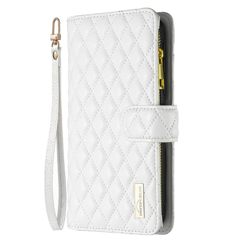 BINFEN COLOR for Xiaomi Redmi Note 10 Pro 4G (Global) / (India) / Note 10 Pro Max 4G BF Style-15 Smart Phone Imprinted Rhombus Pattern Case with Zipper Pocket Stand Matte PU Leather Wallet Cover