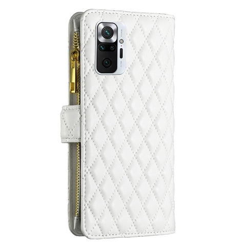 BINFEN COLOR for Xiaomi Redmi Note 10 Pro 4G (Global) / (India) / Note 10 Pro Max 4G BF Style-15 Smart Phone Imprinted Rhombus Pattern Case with Zipper Pocket Stand Matte PU Leather Wallet Cover