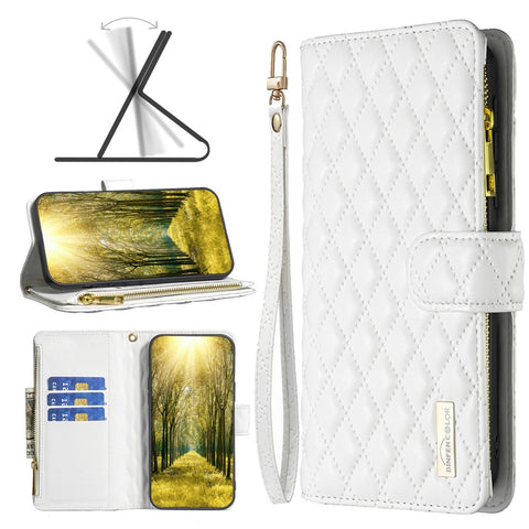 BINFEN COLOR for Xiaomi Redmi Note 10 Pro 4G (Global) / (India) / Note 10 Pro Max 4G BF Style-15 Smart Phone Imprinted Rhombus Pattern Case with Zipper Pocket Stand Matte PU Leather Wallet Cover