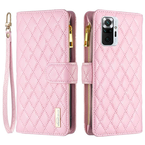 BINFEN COLOR for Xiaomi Redmi Note 10 Pro 4G (Global) / (India) / Note 10 Pro Max 4G BF Style-15 Smart Phone Imprinted Rhombus Pattern Case with Zipper Pocket Stand Matte PU Leather Wallet Cover