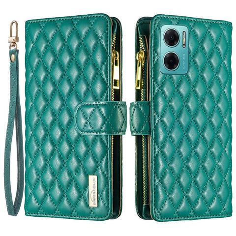 BINFEN COLOR for Xiaomi Redmi 10 5G / Redmi 10 Prime+ 5G / Redmi Note 11E 5G BF Style-15 Zipper Pocket Design Imprinted Rhombus Pattern Cover Anti-fingerprint Matte PU Leather Protective Case with Stand Wallet