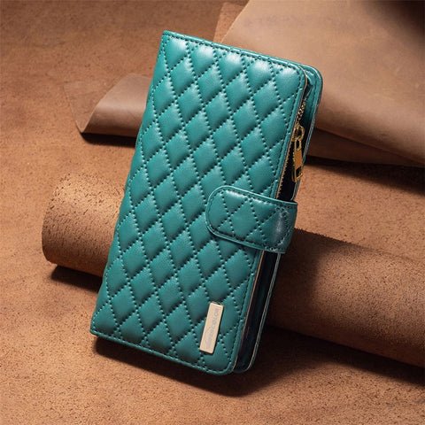 BINFEN COLOR for Xiaomi Redmi 10 5G / Redmi 10 Prime+ 5G / Redmi Note 11E 5G BF Style-15 Zipper Pocket Design Imprinted Rhombus Pattern Cover Anti-fingerprint Matte PU Leather Protective Case with Stand Wallet