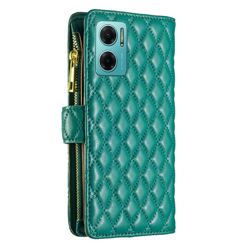 BINFEN COLOR for Xiaomi Redmi 10 5G / Redmi 10 Prime+ 5G / Redmi Note 11E 5G BF Style-15 Zipper Pocket Design Imprinted Rhombus Pattern Cover Anti-fingerprint Matte PU Leather Protective Case with Stand Wallet