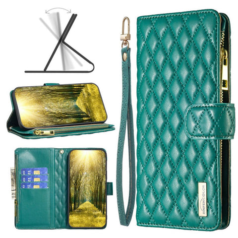 BINFEN COLOR for Xiaomi Redmi 10 5G / Redmi 10 Prime+ 5G / Redmi Note 11E 5G BF Style-15 Zipper Pocket Design Imprinted Rhombus Pattern Cover Anti-fingerprint Matte PU Leather Protective Case with Stand Wallet