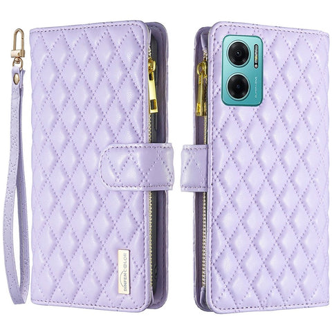 BINFEN COLOR for Xiaomi Redmi 10 5G / Redmi 10 Prime+ 5G / Redmi Note 11E 5G BF Style-15 Zipper Pocket Design Imprinted Rhombus Pattern Cover Anti-fingerprint Matte PU Leather Protective Case with Stand Wallet