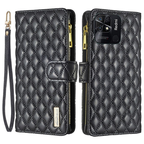 BINFEN COLOR BF Style-15 for Xiaomi Redmi 10C 4G Zipper Pocket Design Imprinted Rhombus Pattern Cover Matte Anti-wear PU Leather Full Protection Phone Case with Stand Wallet
