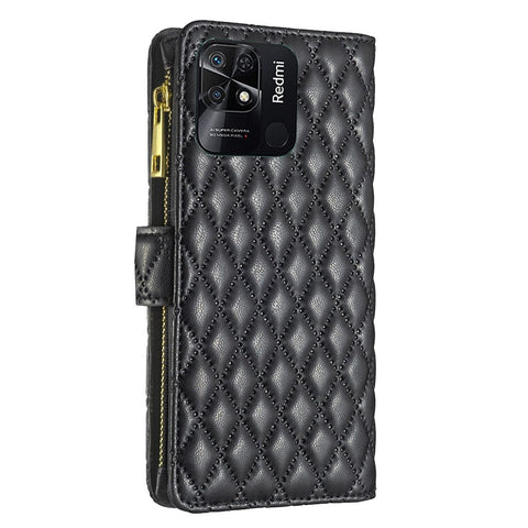 BINFEN COLOR BF Style-15 for Xiaomi Redmi 10C 4G Zipper Pocket Design Imprinted Rhombus Pattern Cover Matte Anti-wear PU Leather Full Protection Phone Case with Stand Wallet