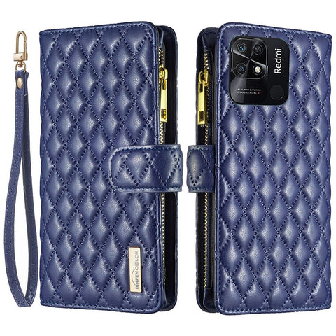 BINFEN COLOR BF Style-15 for Xiaomi Redmi 10C 4G Zipper Pocket Design Imprinted Rhombus Pattern Cover Matte Anti-wear PU Leather Full Protection Phone Case with Stand Wallet
