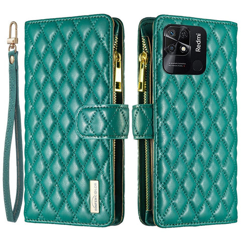 BINFEN COLOR BF Style-15 for Xiaomi Redmi 10C 4G Zipper Pocket Design Imprinted Rhombus Pattern Cover Matte Anti-wear PU Leather Full Protection Phone Case with Stand Wallet