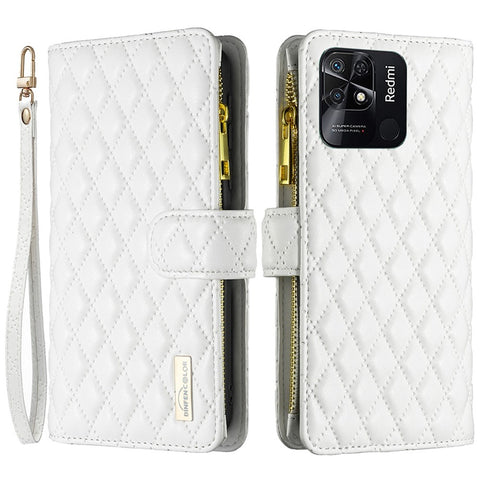 BINFEN COLOR BF Style-15 for Xiaomi Redmi 10C 4G Zipper Pocket Design Imprinted Rhombus Pattern Cover Matte Anti-wear PU Leather Full Protection Phone Case with Stand Wallet