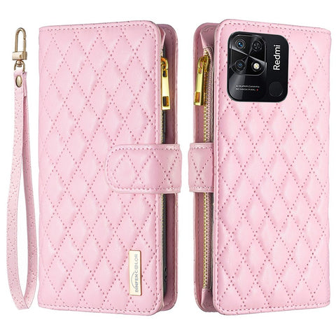 BINFEN COLOR BF Style-15 for Xiaomi Redmi 10C 4G Zipper Pocket Design Imprinted Rhombus Pattern Cover Matte Anti-wear PU Leather Full Protection Phone Case with Stand Wallet