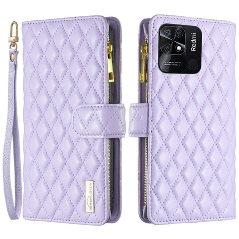BINFEN COLOR BF Style-15 for Xiaomi Redmi 10C 4G Zipper Pocket Design Imprinted Rhombus Pattern Cover Matte Anti-wear PU Leather Full Protection Phone Case with Stand Wallet