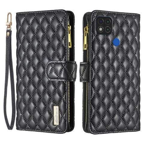 BINFEN COLOR for Xiaomi Redmi 9C 4G / 9C NFC 4G / Poco C31 4G / Redmi 10A 4G BF Style-15 Wallet Style Imprinted Rhombus Pattern Matte PU Leather Zipper Pocket Protective Phone Case