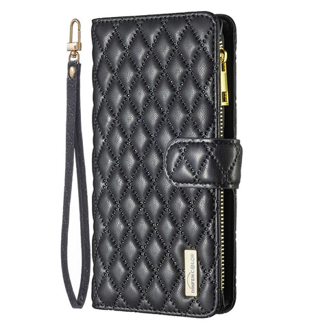 BINFEN COLOR for Xiaomi Redmi 9C 4G / 9C NFC 4G / Poco C31 4G / Redmi 10A 4G BF Style-15 Wallet Style Imprinted Rhombus Pattern Matte PU Leather Zipper Pocket Protective Phone Case
