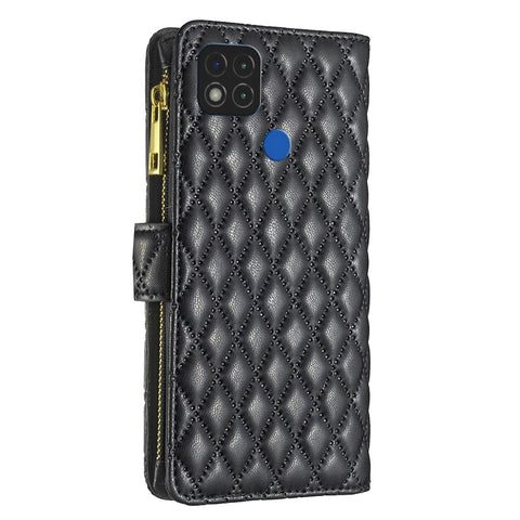 BINFEN COLOR for Xiaomi Redmi 9C 4G / 9C NFC 4G / Poco C31 4G / Redmi 10A 4G BF Style-15 Wallet Style Imprinted Rhombus Pattern Matte PU Leather Zipper Pocket Protective Phone Case