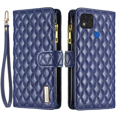 BINFEN COLOR for Xiaomi Redmi 9C 4G / 9C NFC 4G / Poco C31 4G / Redmi 10A 4G BF Style-15 Wallet Style Imprinted Rhombus Pattern Matte PU Leather Zipper Pocket Protective Phone Case