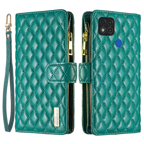 BINFEN COLOR for Xiaomi Redmi 9C 4G / 9C NFC 4G / Poco C31 4G / Redmi 10A 4G BF Style-15 Wallet Style Imprinted Rhombus Pattern Matte PU Leather Zipper Pocket Protective Phone Case