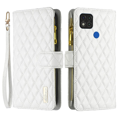 BINFEN COLOR for Xiaomi Redmi 9C 4G / 9C NFC 4G / Poco C31 4G / Redmi 10A 4G BF Style-15 Wallet Style Imprinted Rhombus Pattern Matte PU Leather Zipper Pocket Protective Phone Case