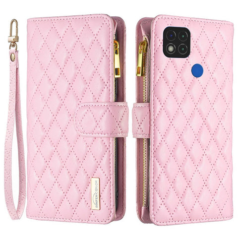BINFEN COLOR for Xiaomi Redmi 9C 4G / 9C NFC 4G / Poco C31 4G / Redmi 10A 4G BF Style-15 Wallet Style Imprinted Rhombus Pattern Matte PU Leather Zipper Pocket Protective Phone Case