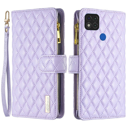BINFEN COLOR for Xiaomi Redmi 9C 4G / 9C NFC 4G / Poco C31 4G / Redmi 10A 4G BF Style-15 Wallet Style Imprinted Rhombus Pattern Matte PU Leather Zipper Pocket Protective Phone Case
