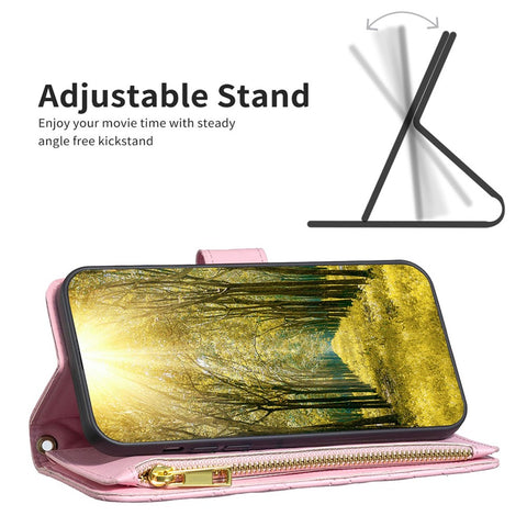 BINFEN COLOR for Oppo A76 4G / A36 4G / K10 4G / A96 4G / Realme 9i BF Style-15 Protective Phone Case Imprinted Rhombus Pattern Matte PU Leather Wallet Stand Shell with Zipper Pocket