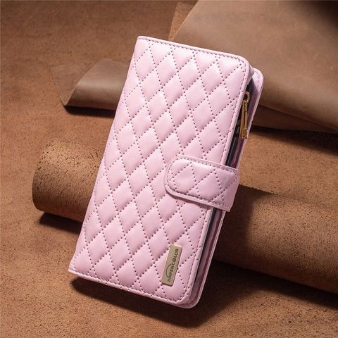 BINFEN COLOR for Oppo A76 4G / A36 4G / K10 4G / A96 4G / Realme 9i BF Style-15 Protective Phone Case Imprinted Rhombus Pattern Matte PU Leather Wallet Stand Shell with Zipper Pocket