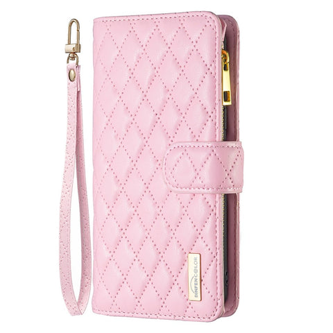 BINFEN COLOR for Oppo A76 4G / A36 4G / K10 4G / A96 4G / Realme 9i BF Style-15 Protective Phone Case Imprinted Rhombus Pattern Matte PU Leather Wallet Stand Shell with Zipper Pocket