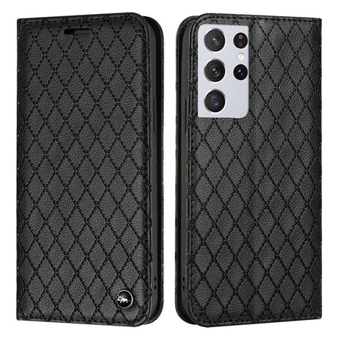 For Samsung Galaxy S21 Ultra 5G / S30 Ultra 5G Rhombus Embossing Litchi Texture Phone Stand Wallet Case RFID Blocking PU Leather Shockproof Cover