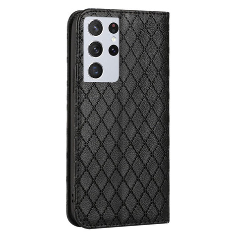 For Samsung Galaxy S21 Ultra 5G / S30 Ultra 5G Rhombus Embossing Litchi Texture Phone Stand Wallet Case RFID Blocking PU Leather Shockproof Cover